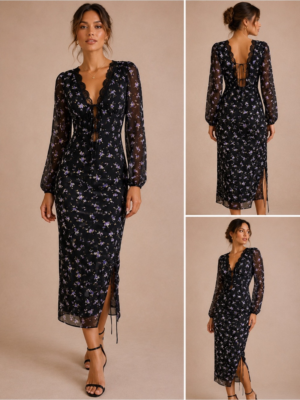 Altuzarra Black Midi Dress with Purple Floral Print